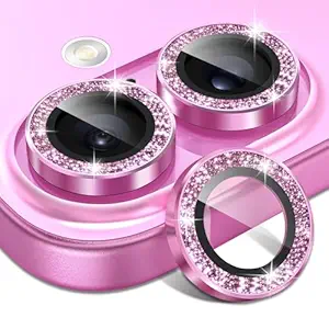 Matekxy Glitter Camera Lens Protector for iPhone-16 Plus - for iPhone 16 9H Anti-Scratch Tempered Glass with Aluminum Edging, Cute Girly Metal Individual Bling Ring Cover for Women , Pink